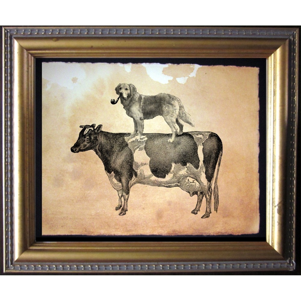 Golden Retriever Riding Cow Vintage Collage Art Print Whimsical Dog Decor